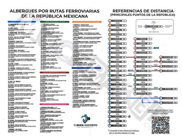 A list of shelters in Mexico on the back of a map by Amigos Del Tren