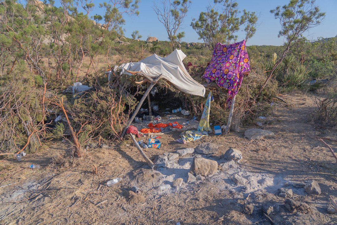 A bush hut with a cloth top in Southern California