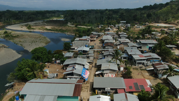 A drone shot of a Panamanian village inside the Darién Gap