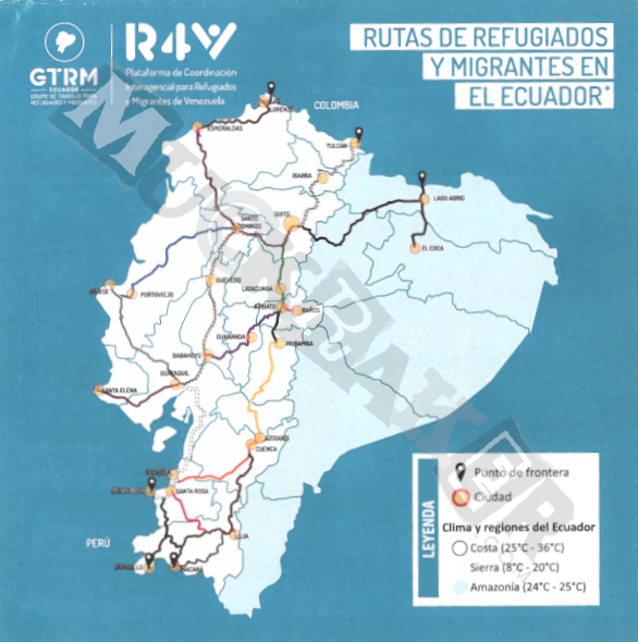 The front of a migration routes map of Ecuador provided by R4V
