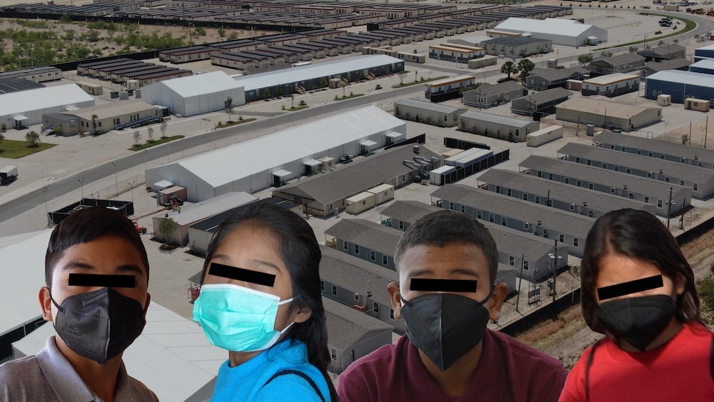 A photo of four small children with their identities hidden in front of a drone shot of a Carrizo Springs illegal alien compound
