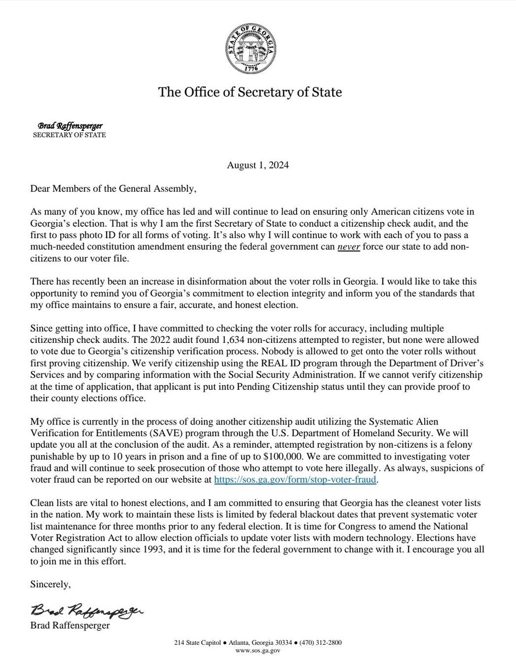 Brad Raffensperger internal memo about non-citizens voting