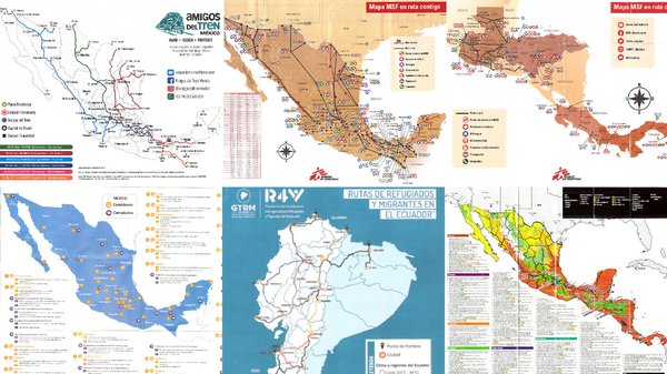 A collage of six different migration route maps by various organizations
