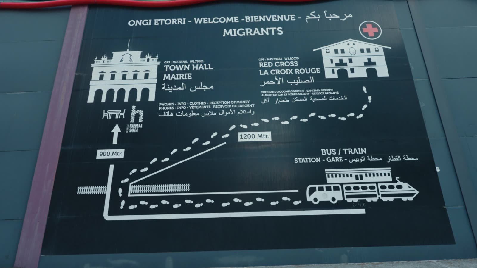 A billboard in Irun, Spain, welcoming migrants and mapping the route from the bus and train station to the Red Cross and town hall.
