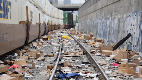 A photo of the aftermath of the looting of railway cars in Los Angeles