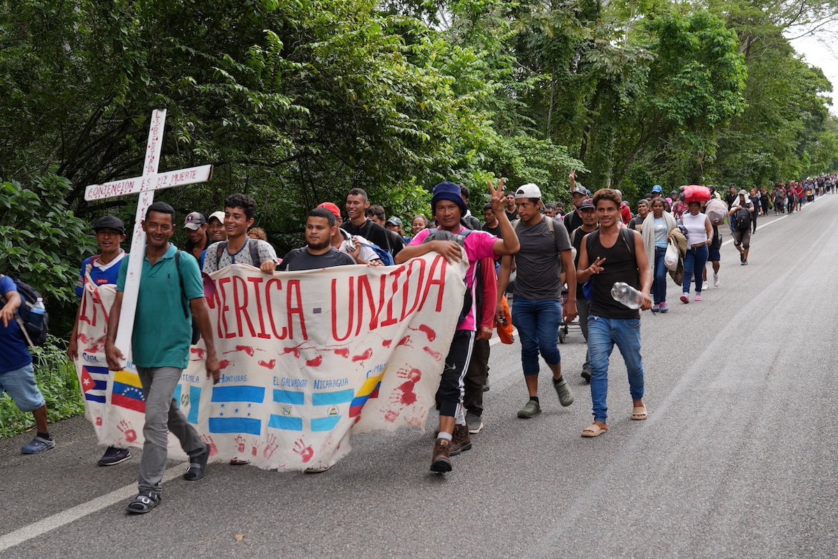 An illegal alien caravan marching north through Mexico
