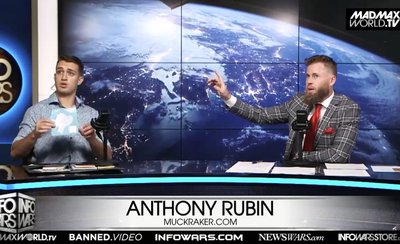 A photo of Owen Shroyer interviewing Anthony Rubin while Anthony Rubin holds a map of Ecuador