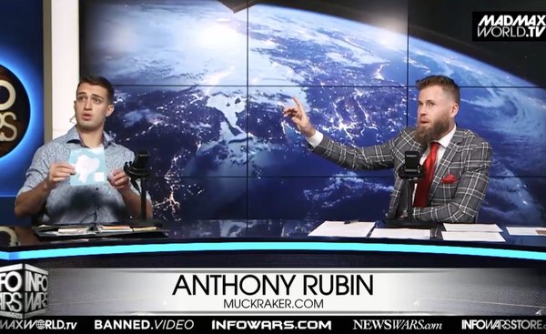 A photo of Owen Shroyer interviewing Anthony Rubin while Anthony Rubin holds a map of Ecuador
