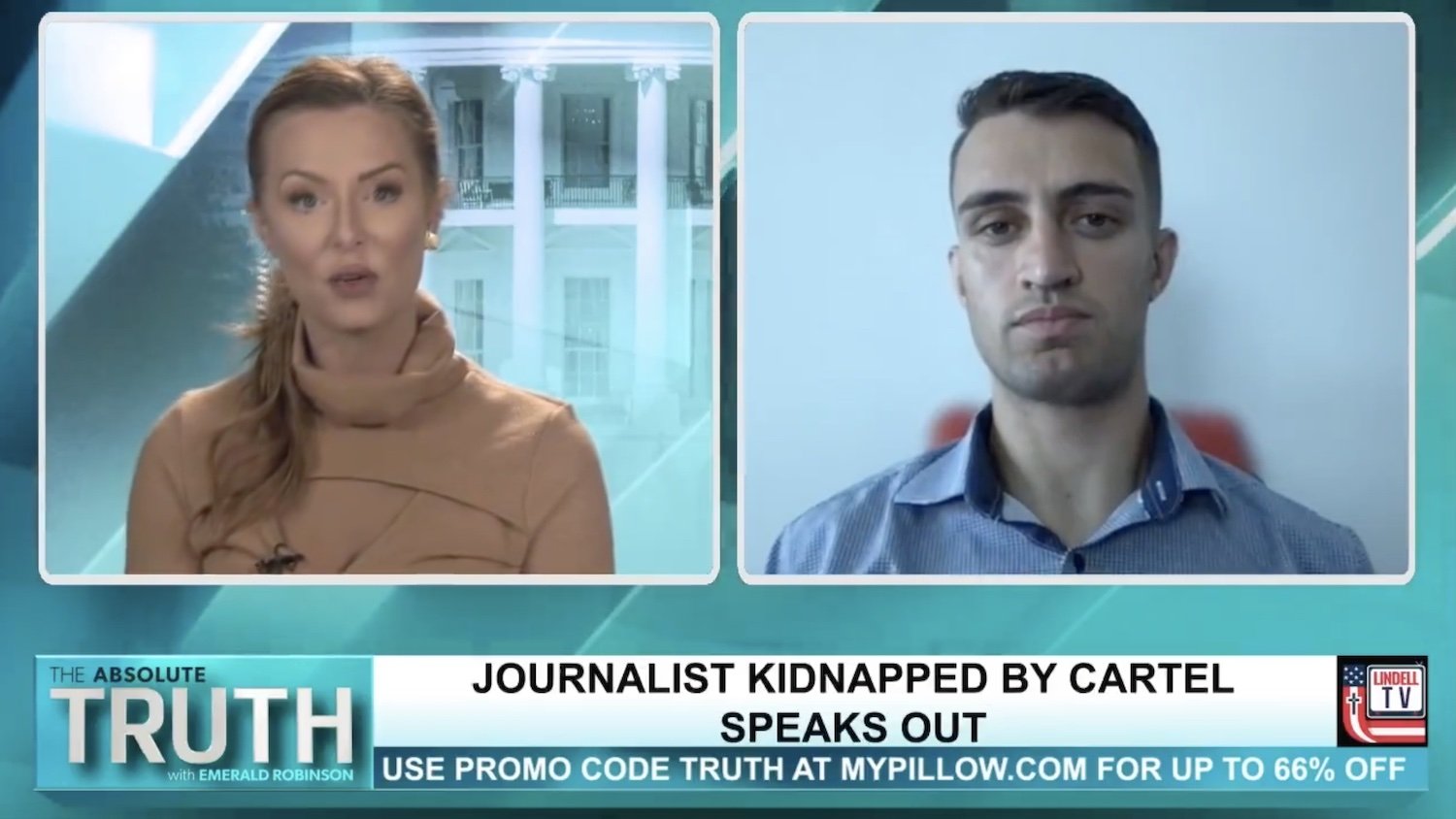 A photo of Anthony Rubin an Emerald Robinson discussing cartel kidnapping