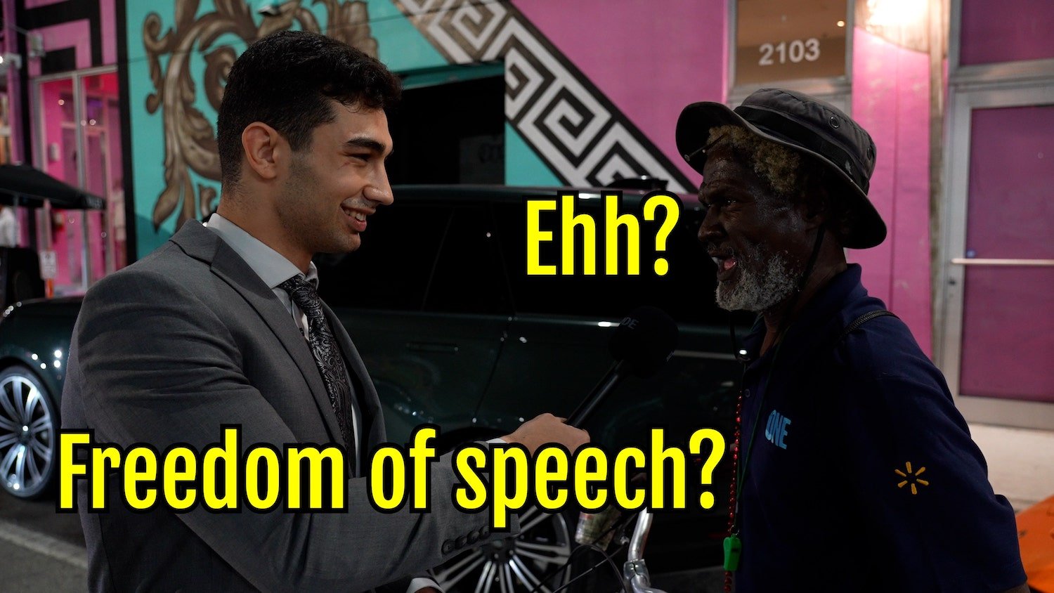 Joshua Rubin interviewing asking a man in Miami what the first Amendment is