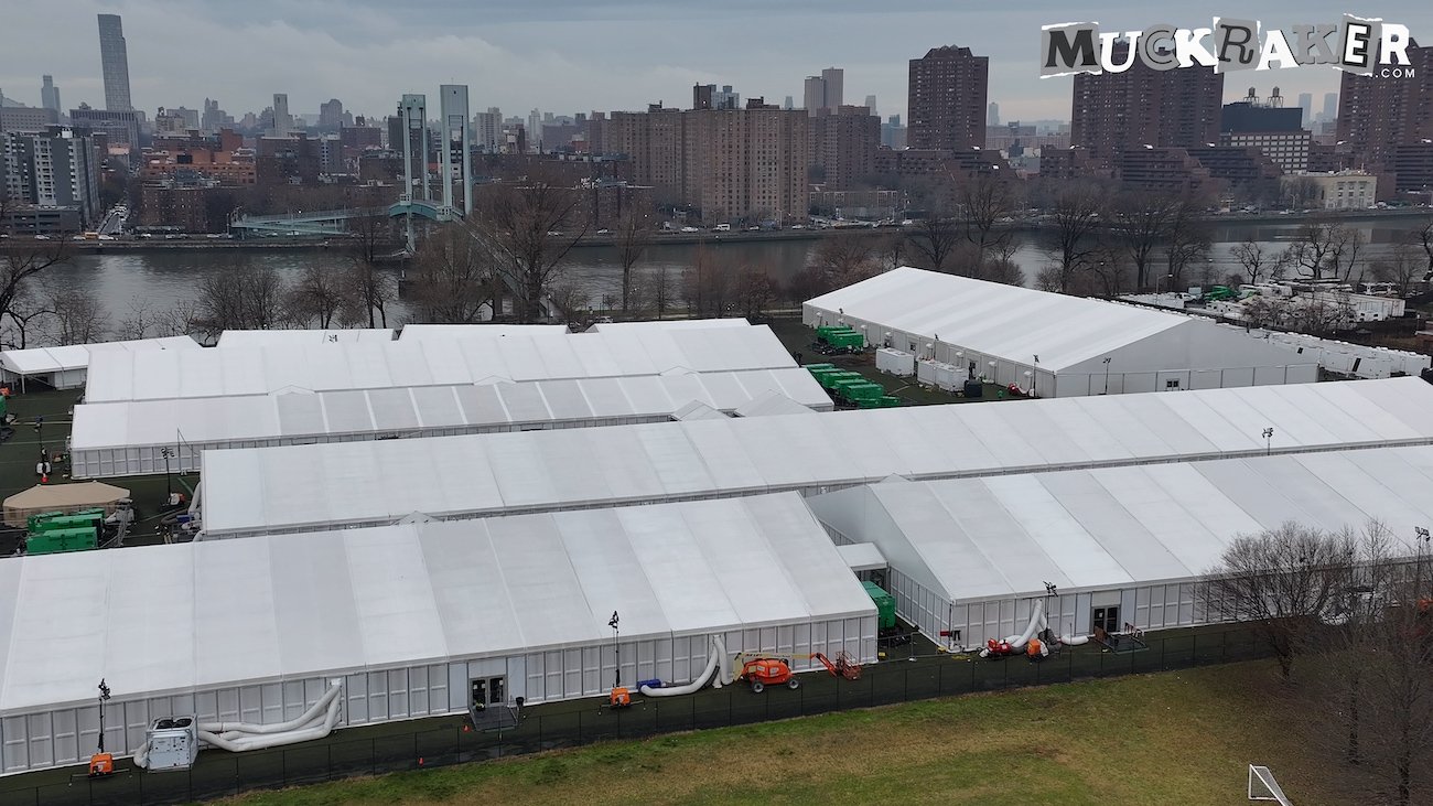 A drone shot of an illegal alien compound on Randalls Island