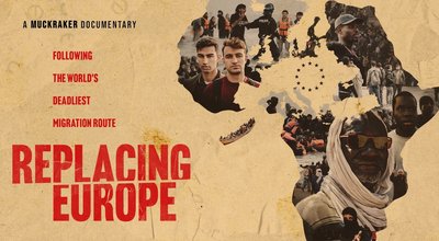 Poster for “Replacing Europe: Following the World’s Deadliest Migration Route,” a Muckraker documentary. A collage of migrants, a crowded boat at sea, police confronting people on a beach, and two men fills silhouettes of Africa and Europe beneath the EU