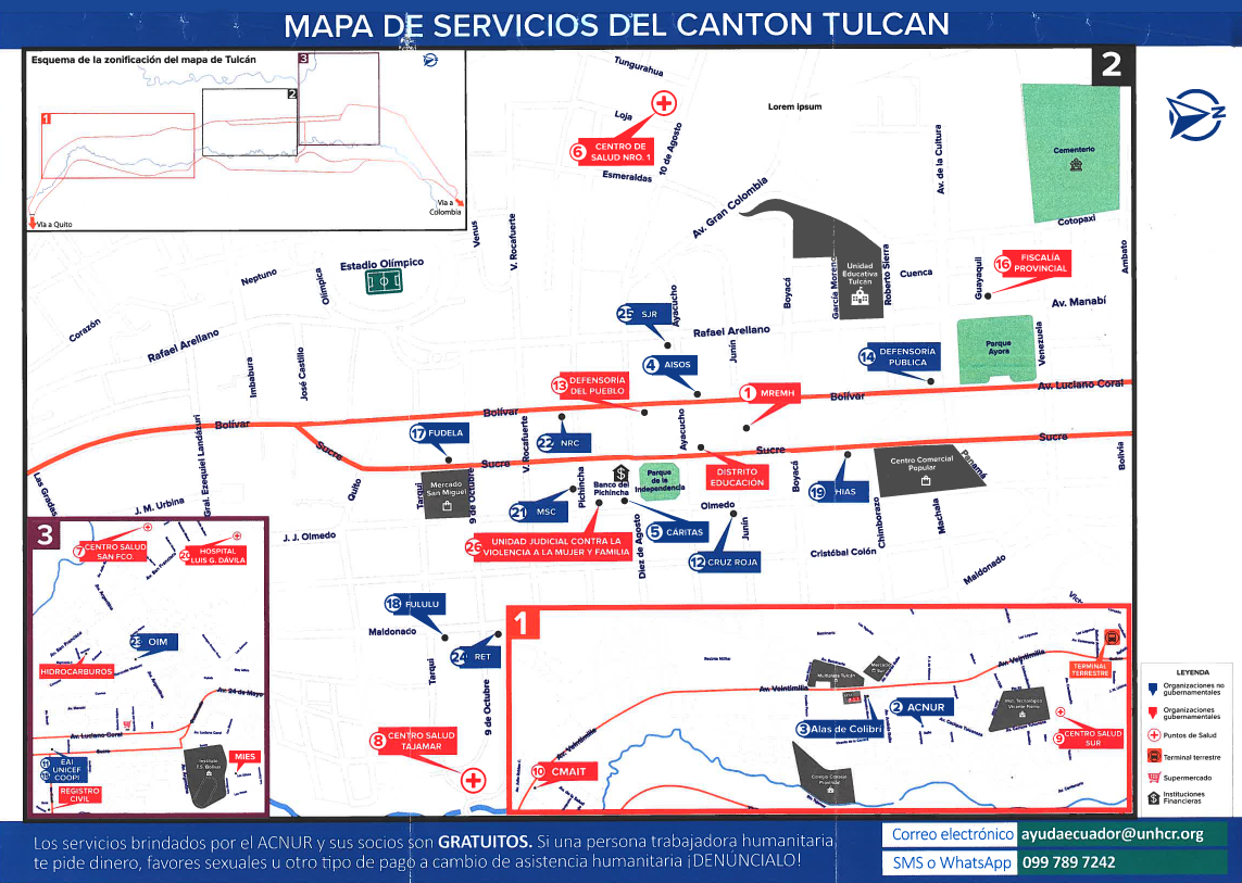 A photo of a UNHCR map of the city of Tulcan, Ecuador, which shows all of the migration related NGOs in the city